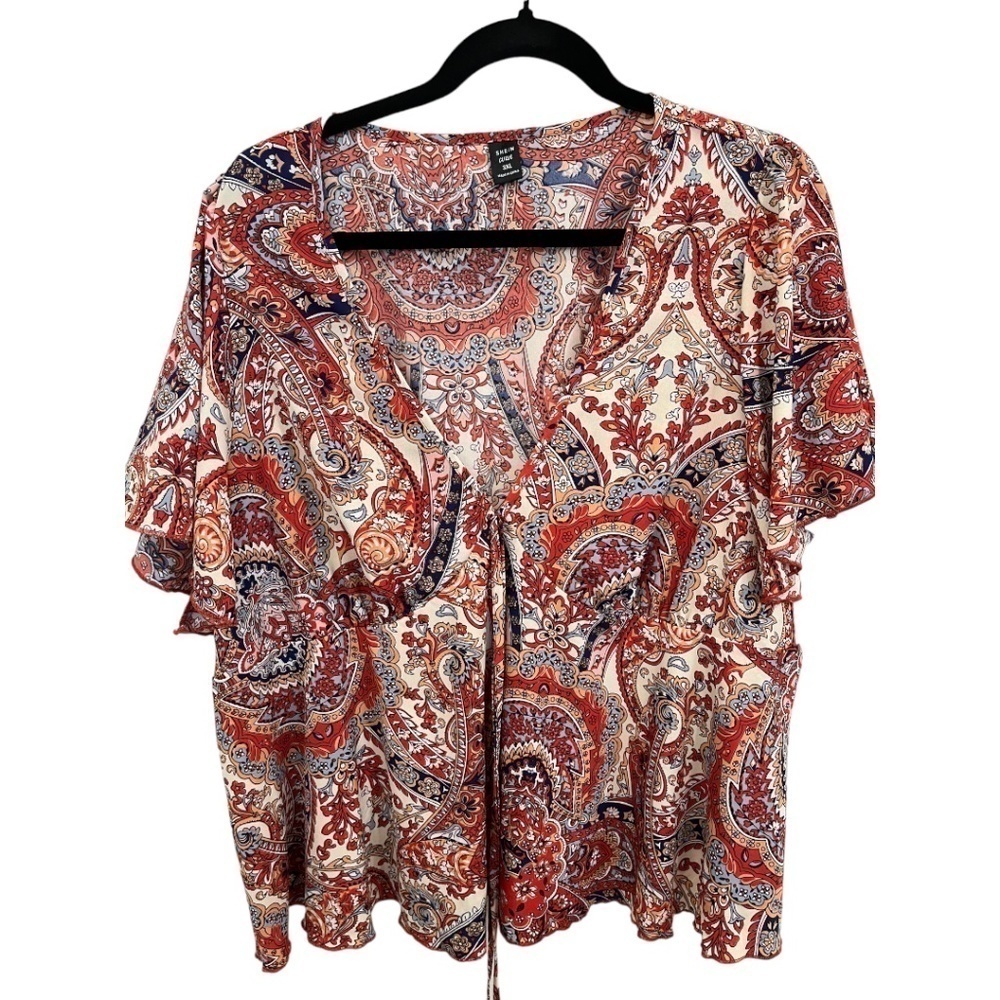 SHEIN CURVE Flowy Rust Blue Boho Top Short Flutter Sleeve V-Neck Blouse 3XL